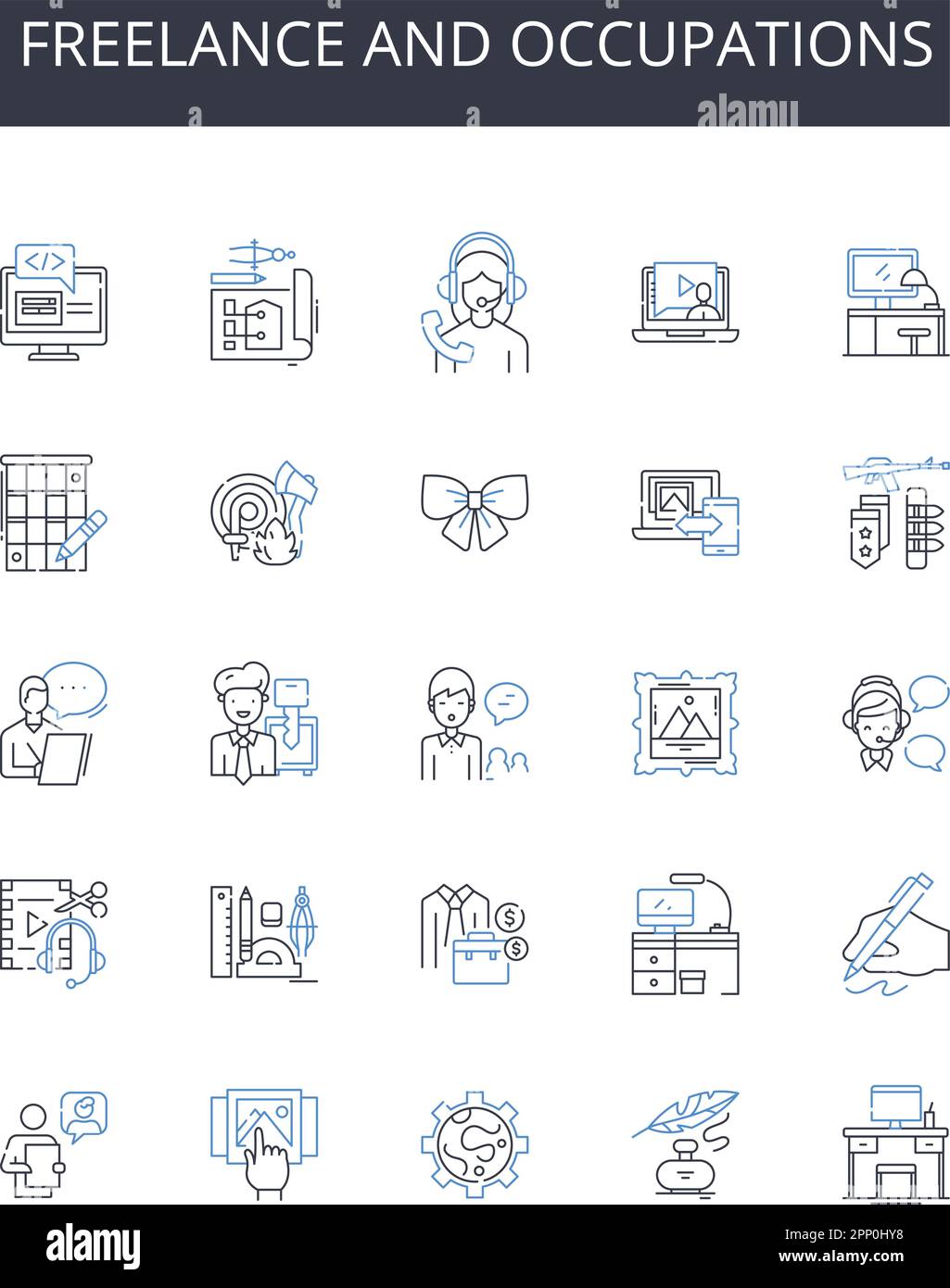 Kollektion mit Liniensymbolen für Freiberufler und Berufe. Selbstständig, Berater, Auftragnehmer, Unternehmer, unabhängig, Solopreneur, Gig Worker Vector und Stock Vektor