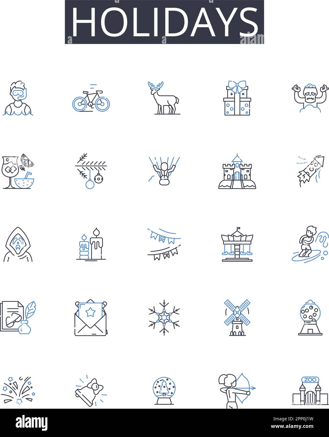 Kollektion mit Symbolen für Feiertage. Urlaub, Kurzurlaube, Festivals, Feierlichkeiten, Pausen, Rückzüge, Zeitabwesenheitsvektor und lineare Darstellung. Ausflüge Stock Vektor