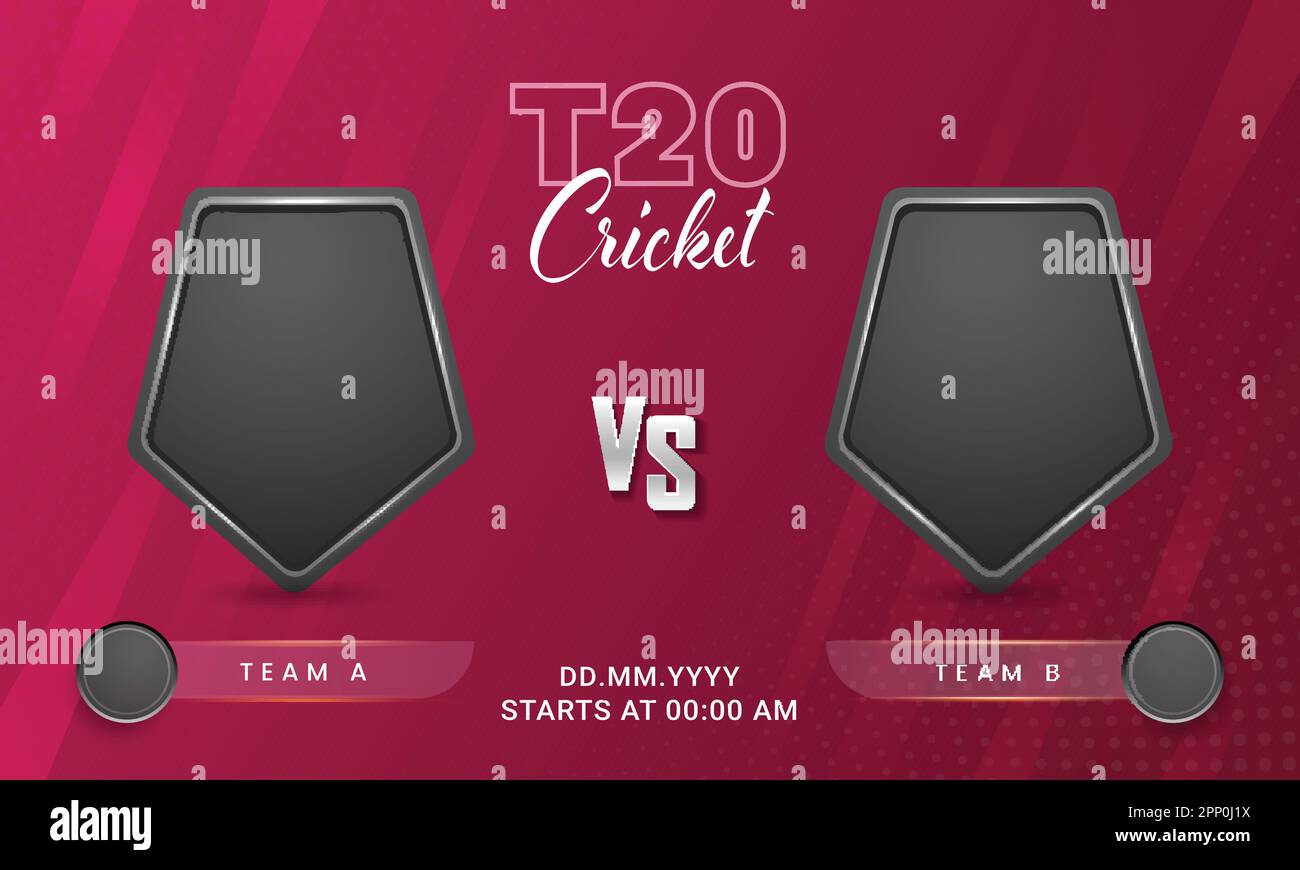 T20 Cricket Match zwischen Team A und B mit leerem Realistic Shield auf dunkelrosa Hintergrund. Stock Vektor