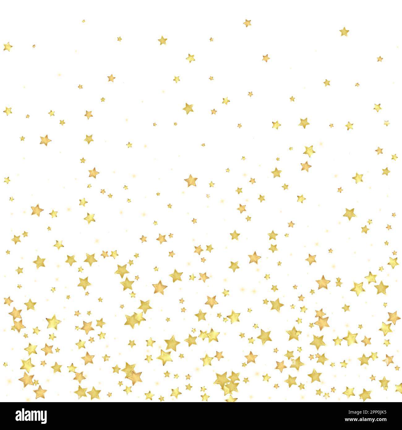 Überlagerung von magischen Sternen. Die goldenen Sterne sind zufällig verstreut, fallen herunter, schweben. Chaotische, traumhafte, kindliche Overlay-Vorlage. Auf weißem Hintergrund. Stock Vektor