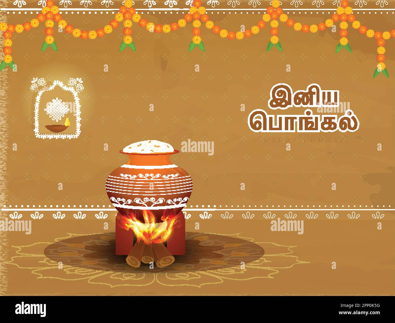 Sticker Style Happy Pongal Text In Tamilischer Sprache Mit Reis Kochen Tontopf Über Kaminholz Auf Rangoli Senf Hintergrund Dekoriert Von Toran. Stock Vektor