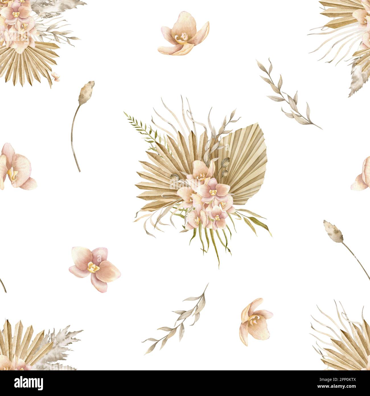 Nahtloses Aquarellmuster mit getrockneten Palmenblättern und Orchideenblumen auf isoliertem Hintergrund. Handgezeichnete Darstellung von Blumenverzierungen für Textilmotive oder Geschenkpapier. Tropische Kulisse. Stockfoto