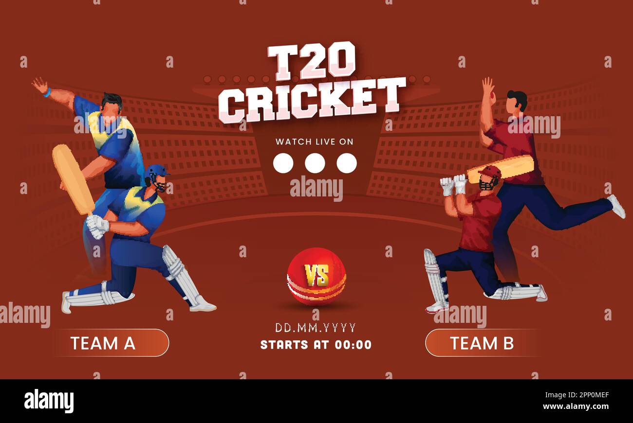 Sieh dir das Live-T20-Cricket-Match zwischen Team A und B mit Batter Player und Bowler in Pose auf verbranntem rotem Hintergrund an. Stock Vektor