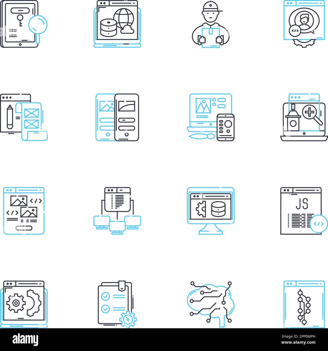 Lineare Symbole für Prozessoptimierung festgelegt. Effizienz, Optimierung, Produktivität, Automatisierung, Eliminierung, Integration, Minimierung Linienvektor und Stock Vektor