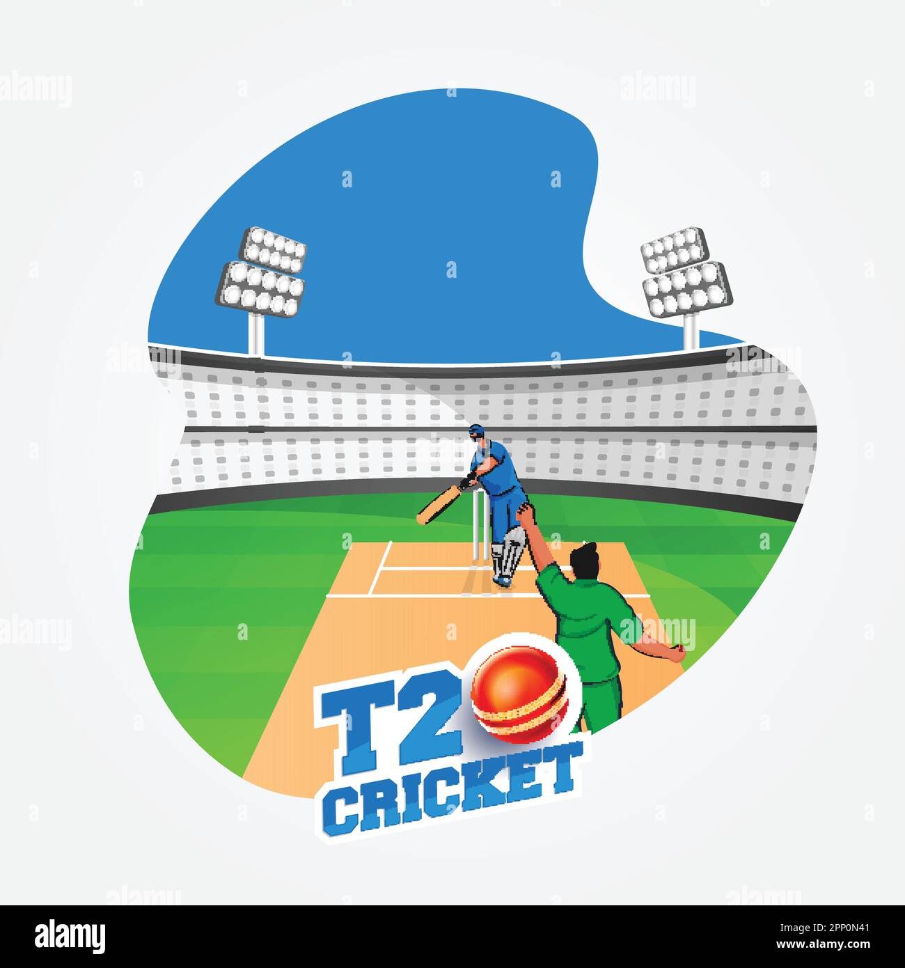 T20 Cricket Match Poster-Design mit Bowler, der den Ball zum Schlagmann wirft, im abstrakten Stadion. Stock Vektor