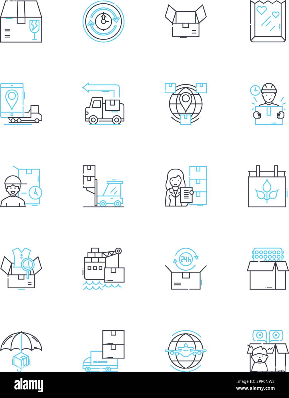 Lineare Symbole für Versandlösungen. Logistik, Spediteur, Fracht, Transport, Lager, Lieferung, Vektor und Konzeptzeichen der Zolllinie. Fracht, Paket Stock Vektor