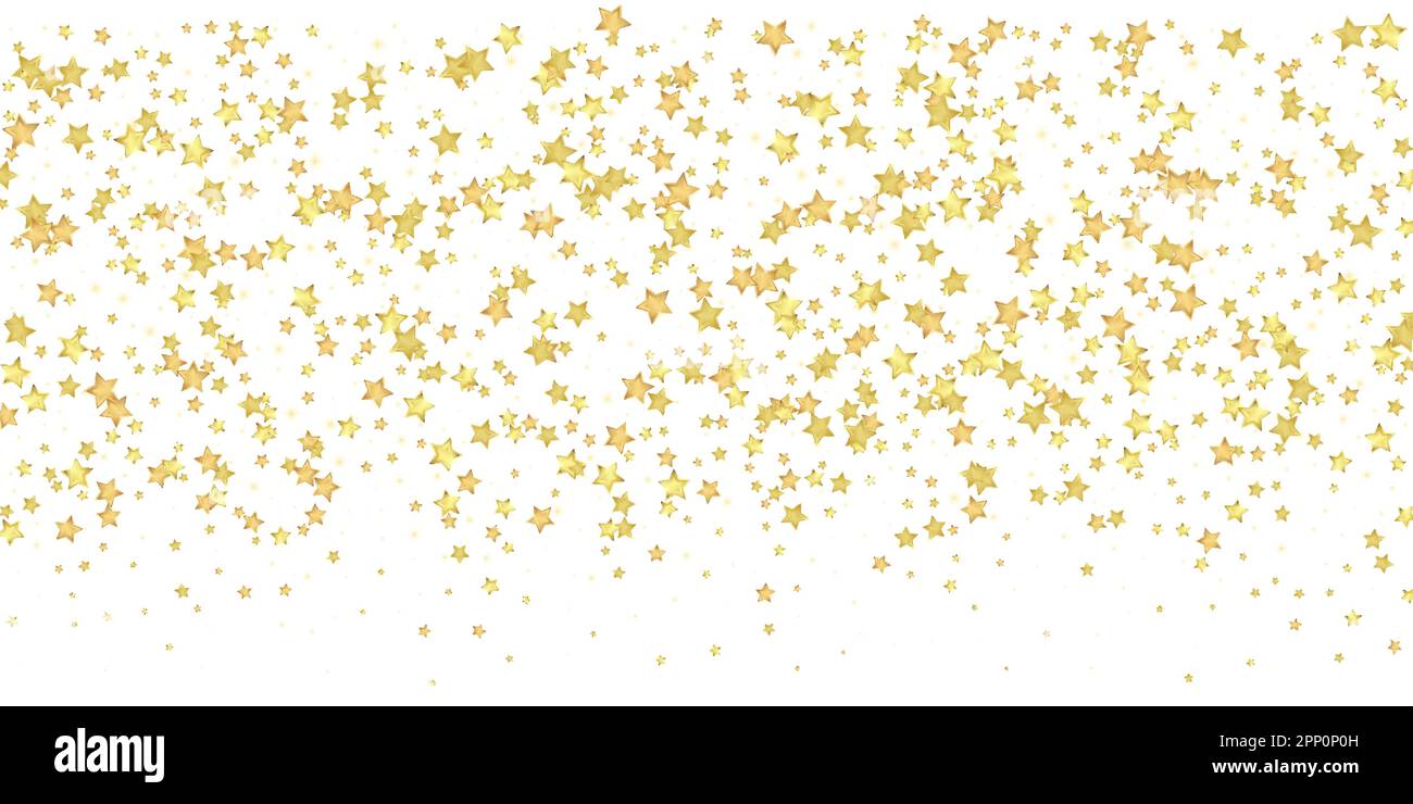 Überlagerung von magischen Sternen. Die goldenen Sterne sind zufällig verstreut, fallen herunter, schweben. Chaotische, traumhafte, kindliche Overlay-Vorlage. Auf weißem Hintergrund. Stock Vektor
