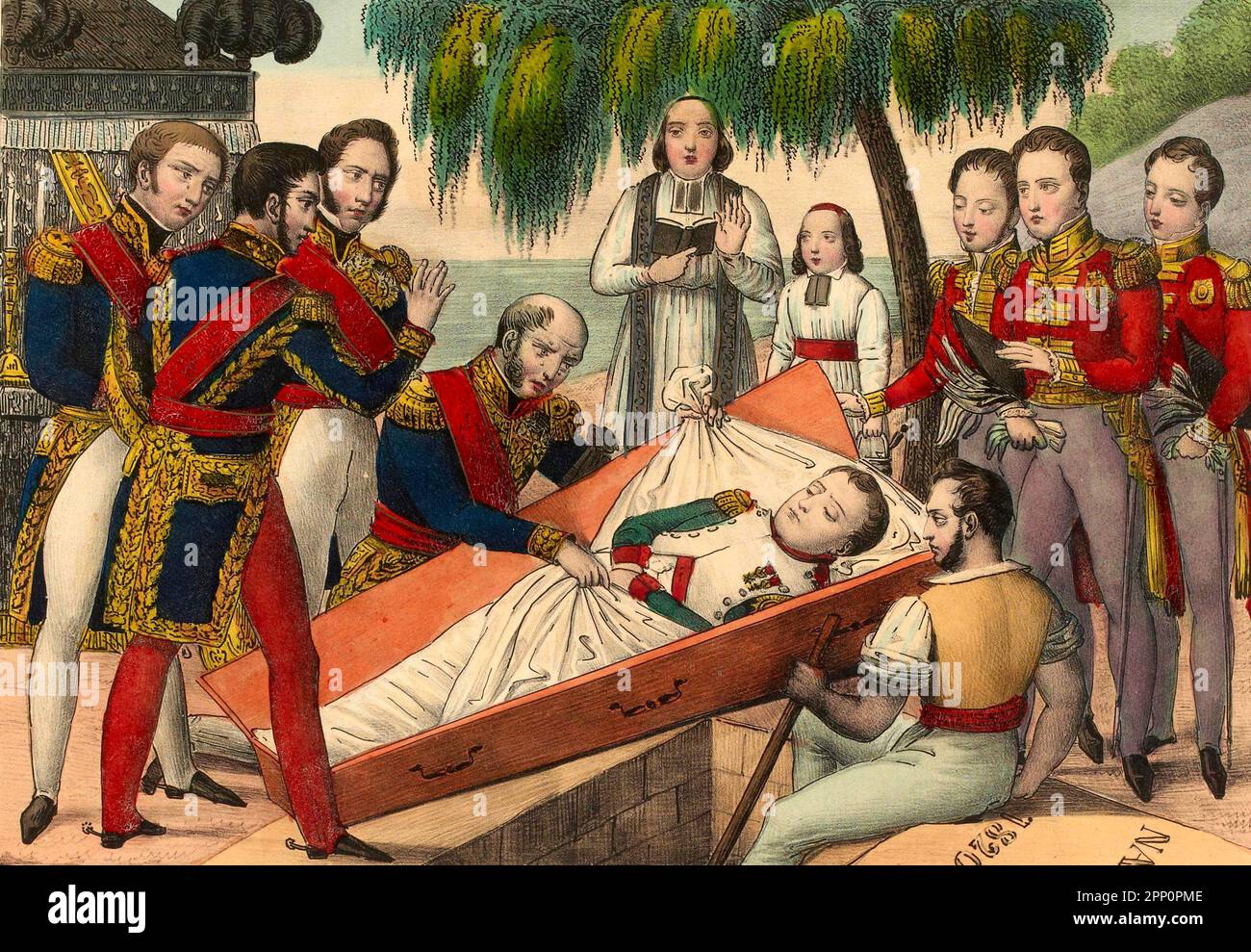 L'ouverture du cercueil de Napoleon Bonaparte (1769-1821), sur l'ile de Sainte Helene, le 16 octobre 1840. (Eröffnung Von Coffin Of Napoleon Auf Der Insel St. Helena Am 16. Oktober 1840). Francois Désiré Gosselin Stockfoto