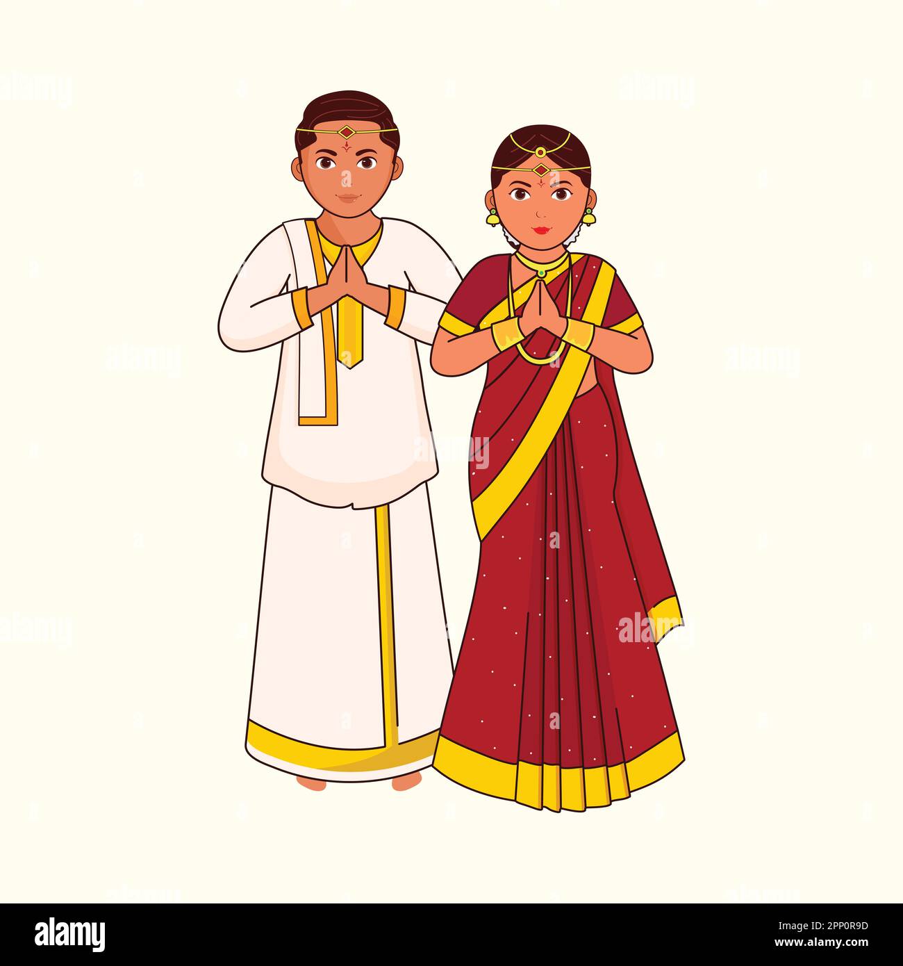 Telugu Hochzeitspaar Begrüßt Namaste In Traditionellem Kleid Mit Kosmischem Latte-Hintergrund. Stock Vektor