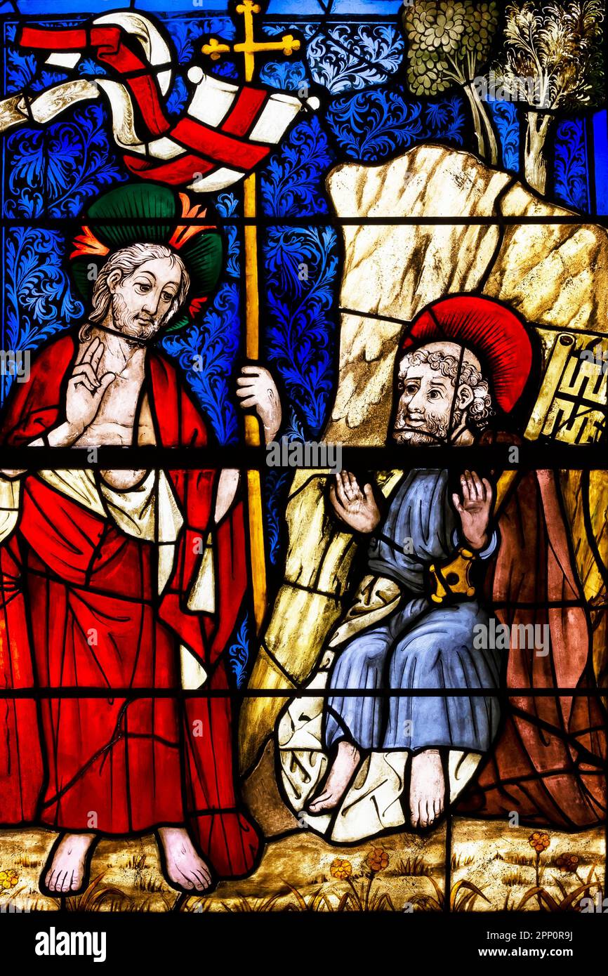 Christus vor Pilatus, das Leben von Jesus Christus und die Jungfrau Maria, ca. 1440-1446, Deutsche Glasmalerei, 15. Jahrhundert, Boppard-am-Rhein, Deutschland, Stockfoto