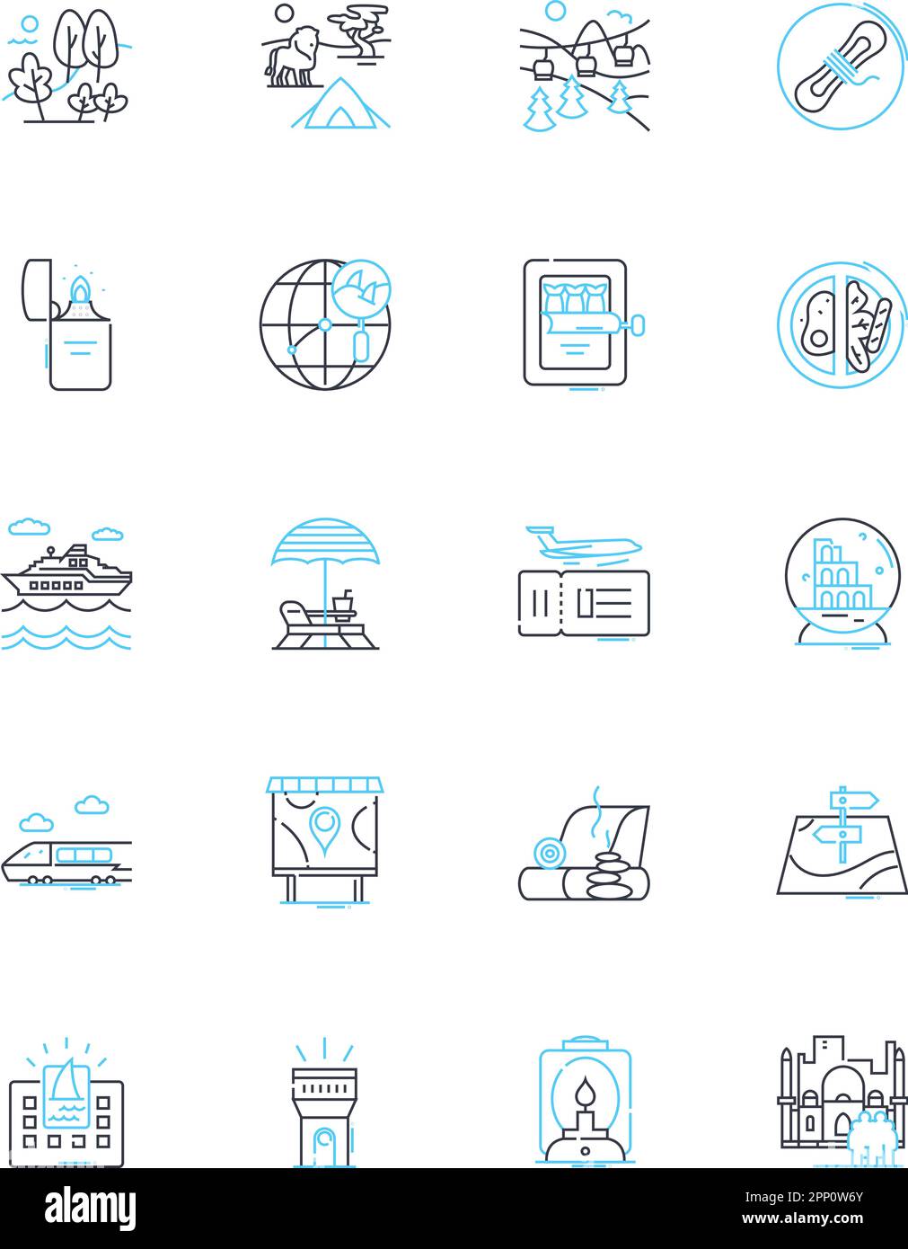 Tourismus - Lineare Symbole gesetzt. Abenteuer, Landschaft, Entspannung, Kultur, Kulturerbe, Hospitality, Wanderlust Line Vector und Concept Signs. Attraktionen, Feinschmecker Stock Vektor