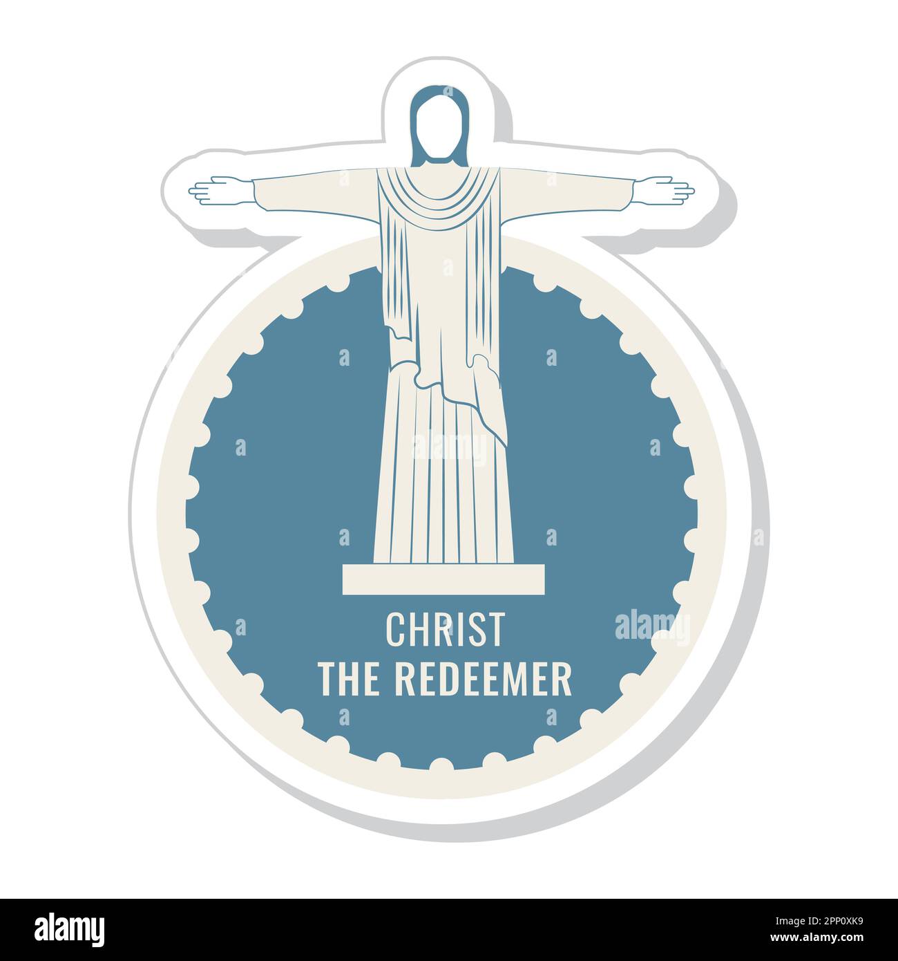 Sticker Style Christus Der Erlöser (Statue) Mit Kreisrahmen In Blau Und Beige. Stock Vektor