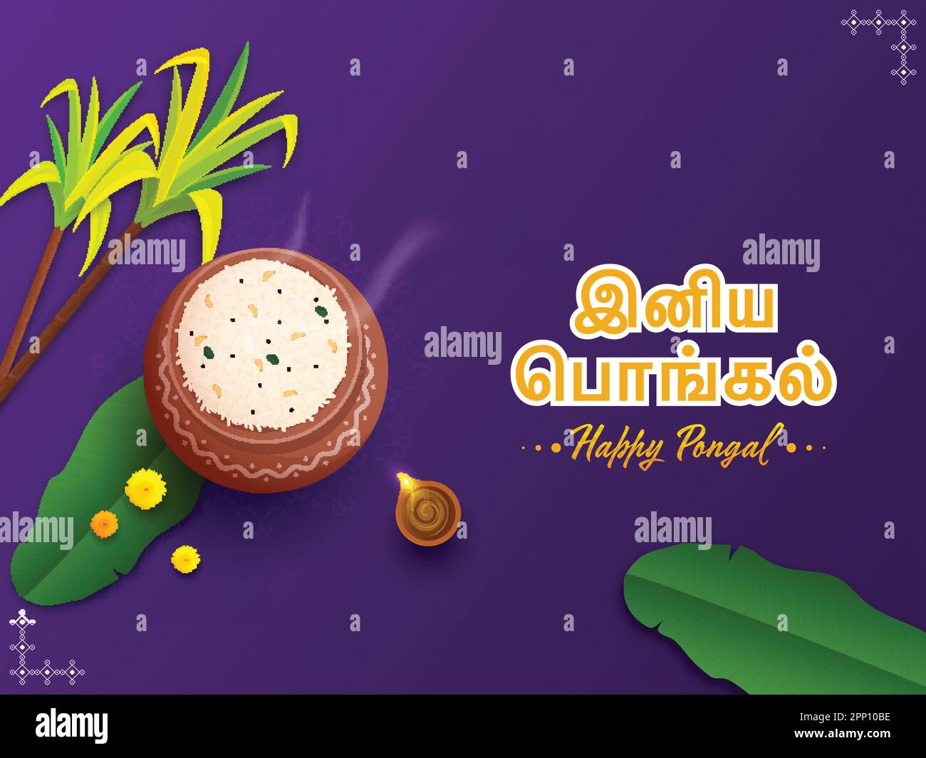 Sticker Tamilisches Schriftzug Von Happy Pongal Mit Blick Von Oben Auf Pongali-Reis In Tontopf, Bananenblätter, Zuckerrohr Und Beleuchtete Öllampe Auf Violettem Hintergrund Stock Vektor