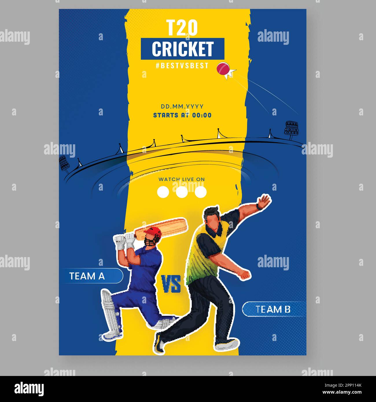 T20 Cricket Match Flyer Design mit Sticker Style gesichtsloser Schlagmann, Bowler-Spieler des teilnehmenden Teams A VS B auf Chrome Yellow und Blue Stadium Backg Stock Vektor