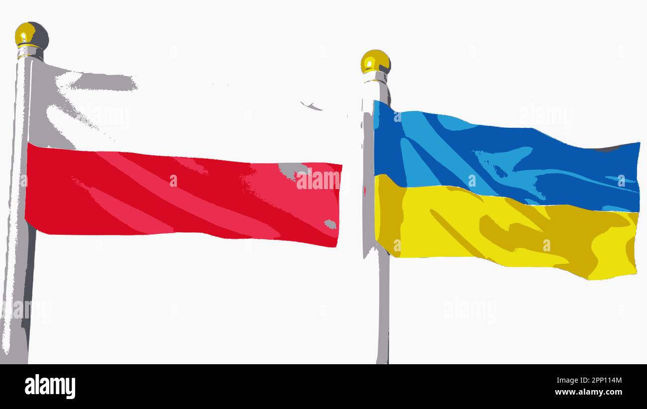 Die Flaggen Polens und der Ukraine fliegen zusammen als Symbol des Widerstands gegen die russische Aggression, als Vektorbild. Stock Vektor
