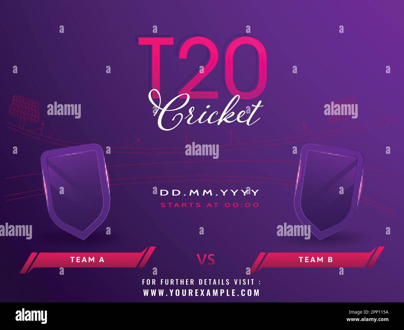 T20 Cricket Match-Konzept mit leerem Schild des teilnehmenden Teams A VS B im violetten Stadion-Hintergrund. Stock Vektor