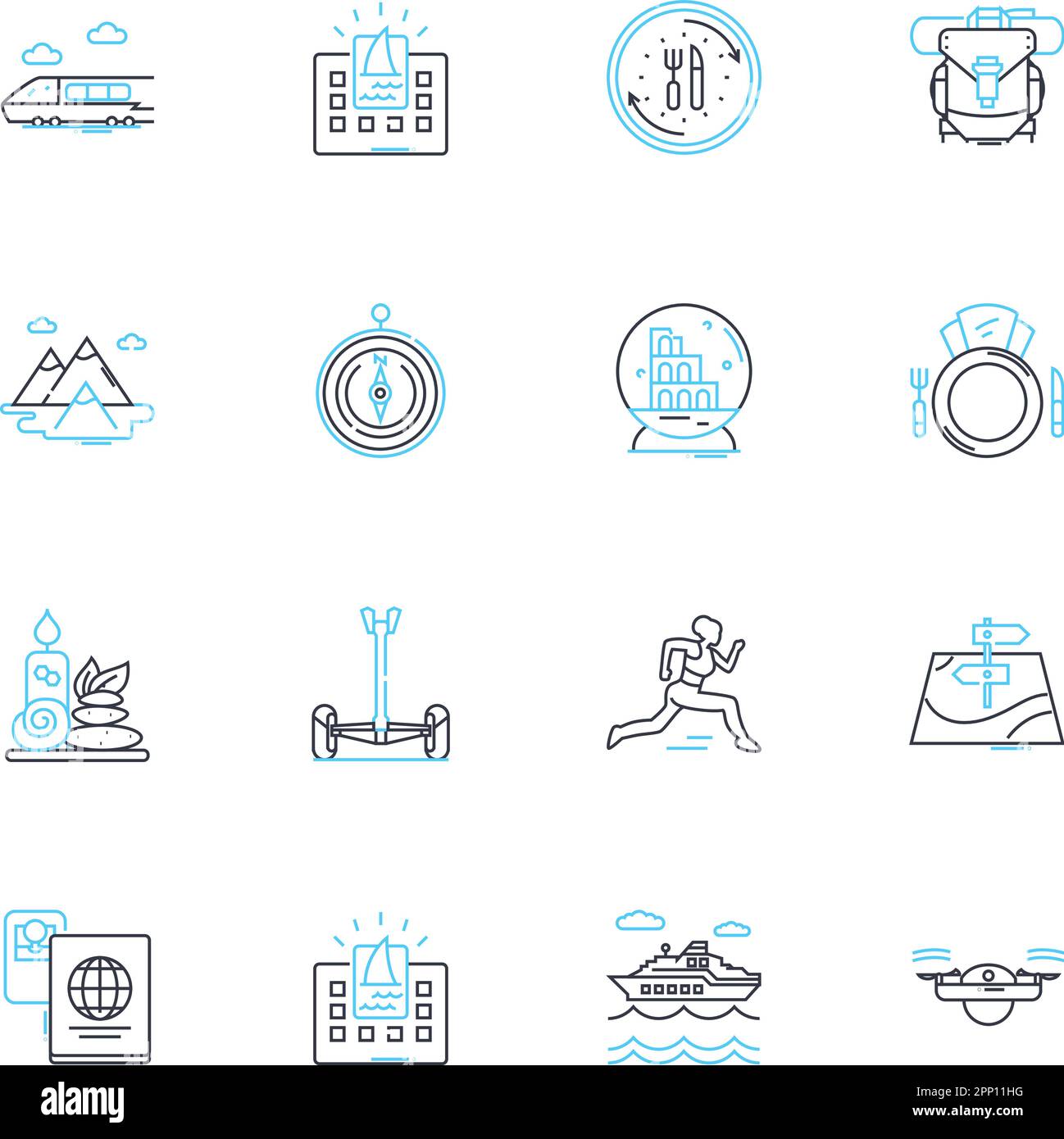 Lineare Symbole für Exkursionen festgelegt. Abenteuer, Safari, Kreuzfahrt, Erkundungen, Trekking, Wandern, Kulturlinienvektor und Konzeptschilder. Geschichte, Architektur Stock Vektor