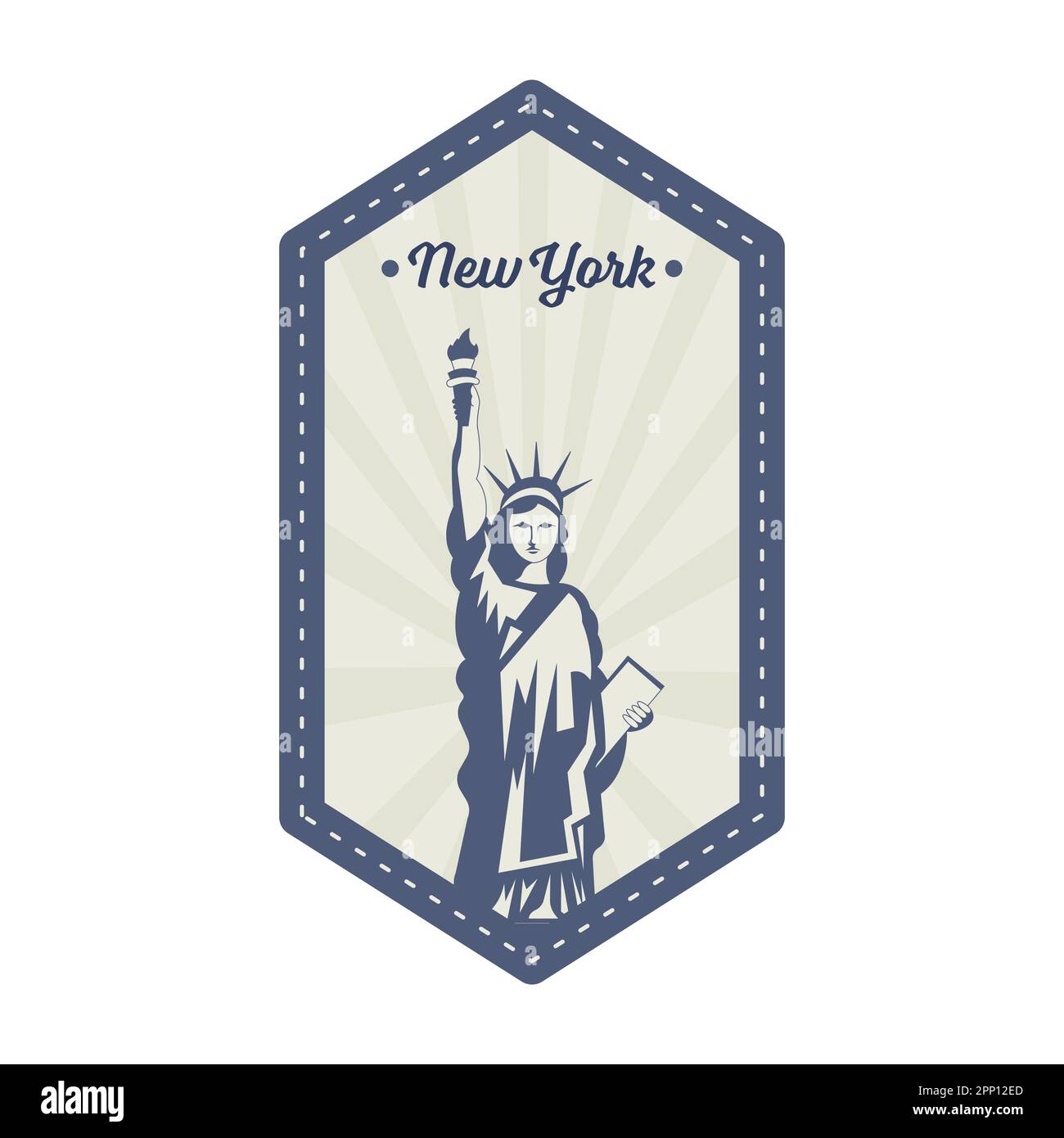 New York Stamp- Oder Label-Design Mit Freiheitsstatue Vor Rays Hexagon-Hintergrund In Marineblau Und Grau. Stock Vektor