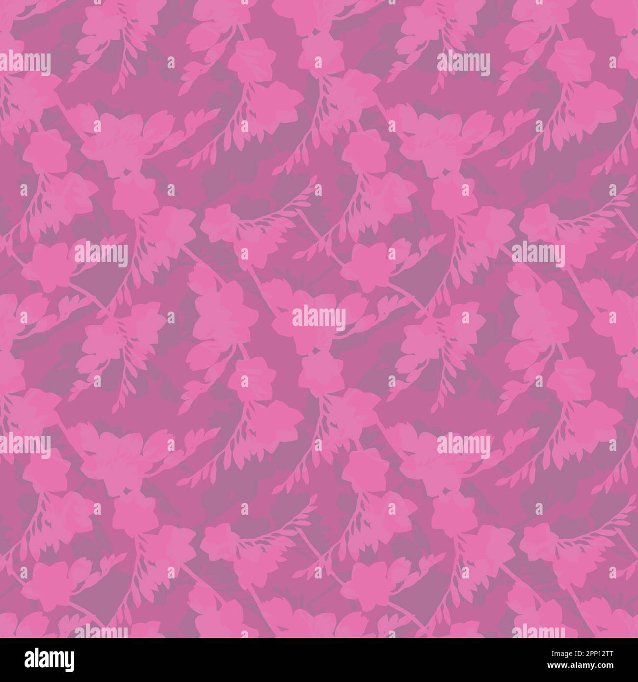 Nahtlos gemusterte rosa Silhouetten aus Freesia-Blüten, schöner Straußzweig. Zeichnung für den Druck auf Stoff, Tapete, Geschenkpapier, Textil d Stockfoto