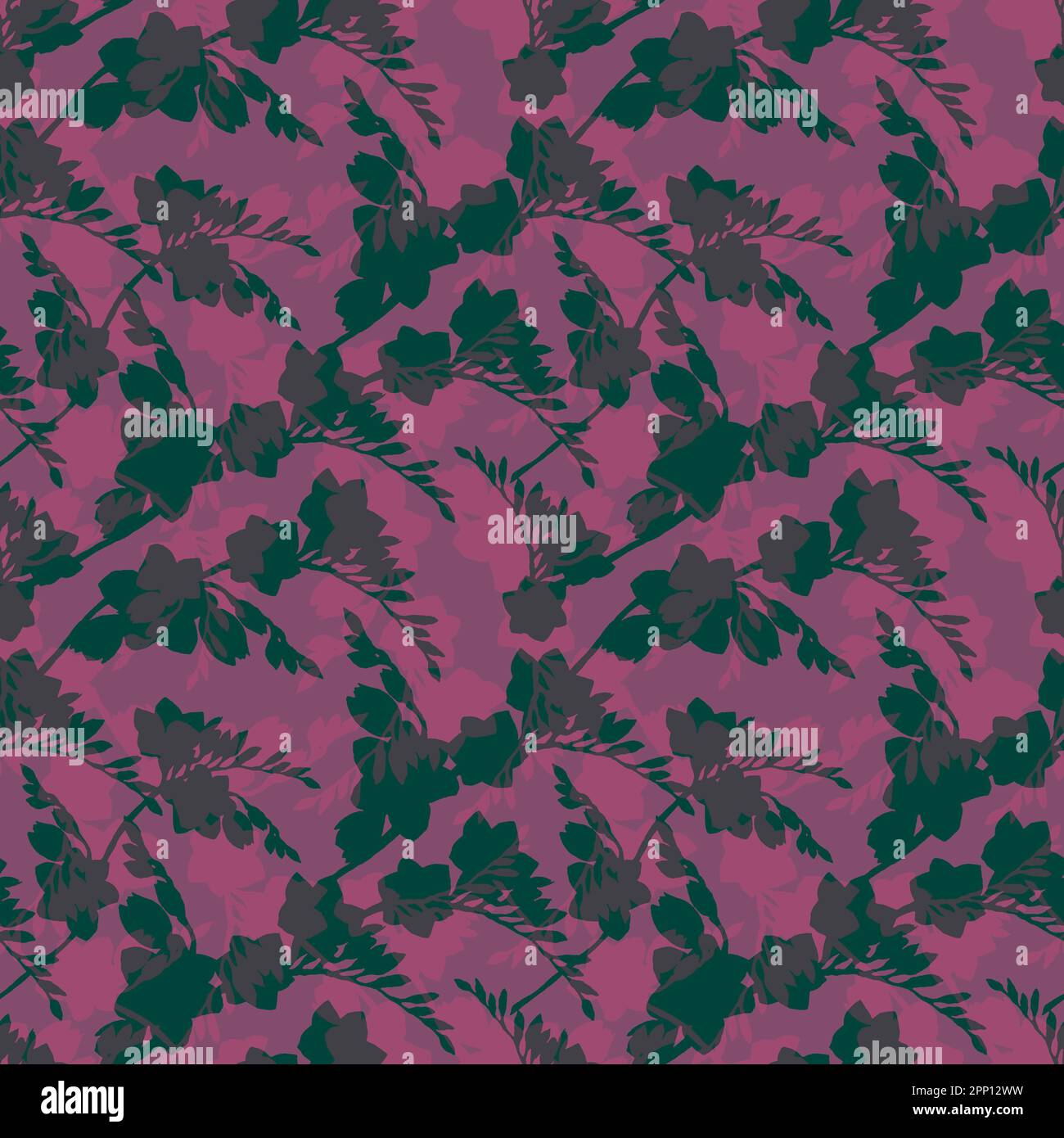 Nahtlos gemusterte rosa Silhouetten aus Freesia-Blüten, schöner Straußzweig. Zeichnung für den Druck auf Stoff, Tapete, Geschenkpapier, Textil d Stockfoto