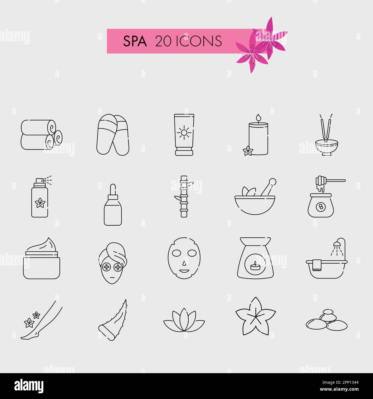 Schwarze Kontur Darstellung DES SPA 20-Symbols oder -Zeichensatzes. Stock Vektor