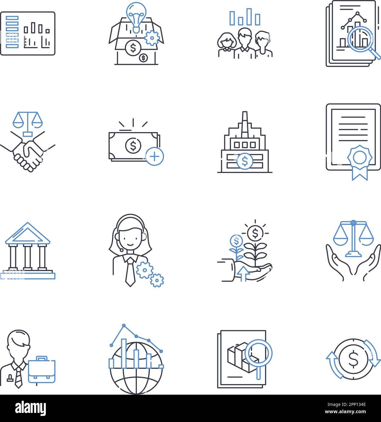 Symbolsammlung für Finanzzentren. Börse, Handel, Investitionen, Aktien, Anleihen, Wertpapiere, Portfoliovektor und lineare Darstellung. Anlage Stock Vektor