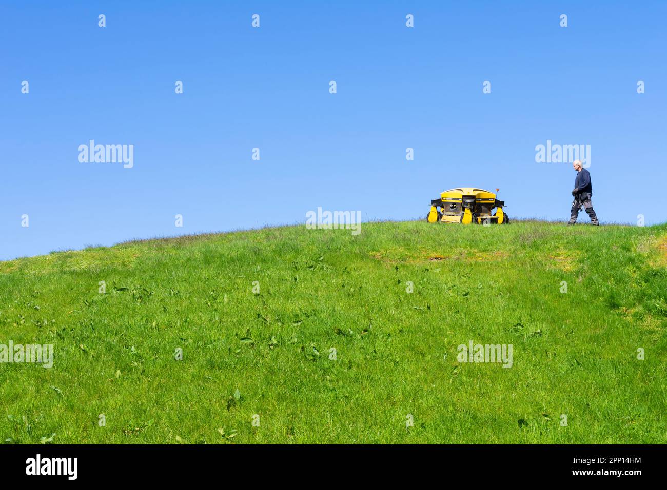 Mähroboter oder Mähroboter Mähen Gras an einem steilen Hang - Mann, der einen Mähroboter steuert - industrielle Rasenmähmaschine mit Fernbedienung uk Stockfoto