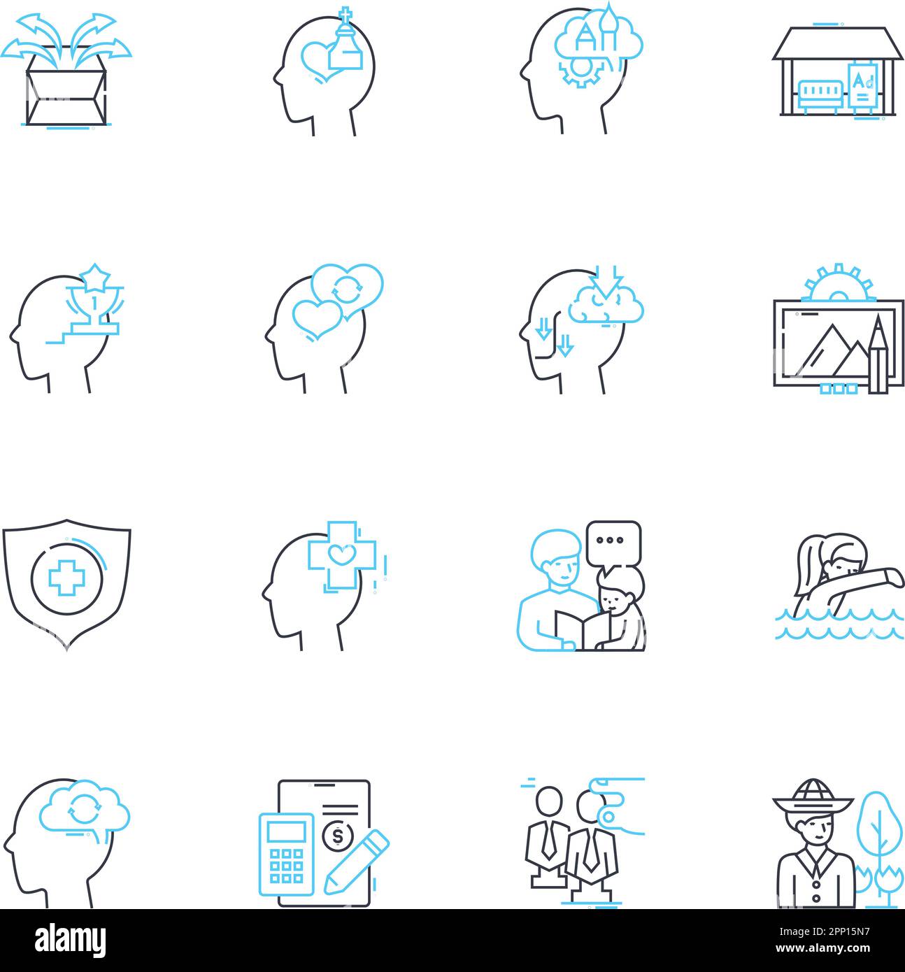 Lineare Symbole für erweiterte Systeme. Automatisierung, Präzision, Analysen, Integration, Effizienz, Optimierung, Modularitätslinienvektor und Konzeptzeichen Stock Vektor