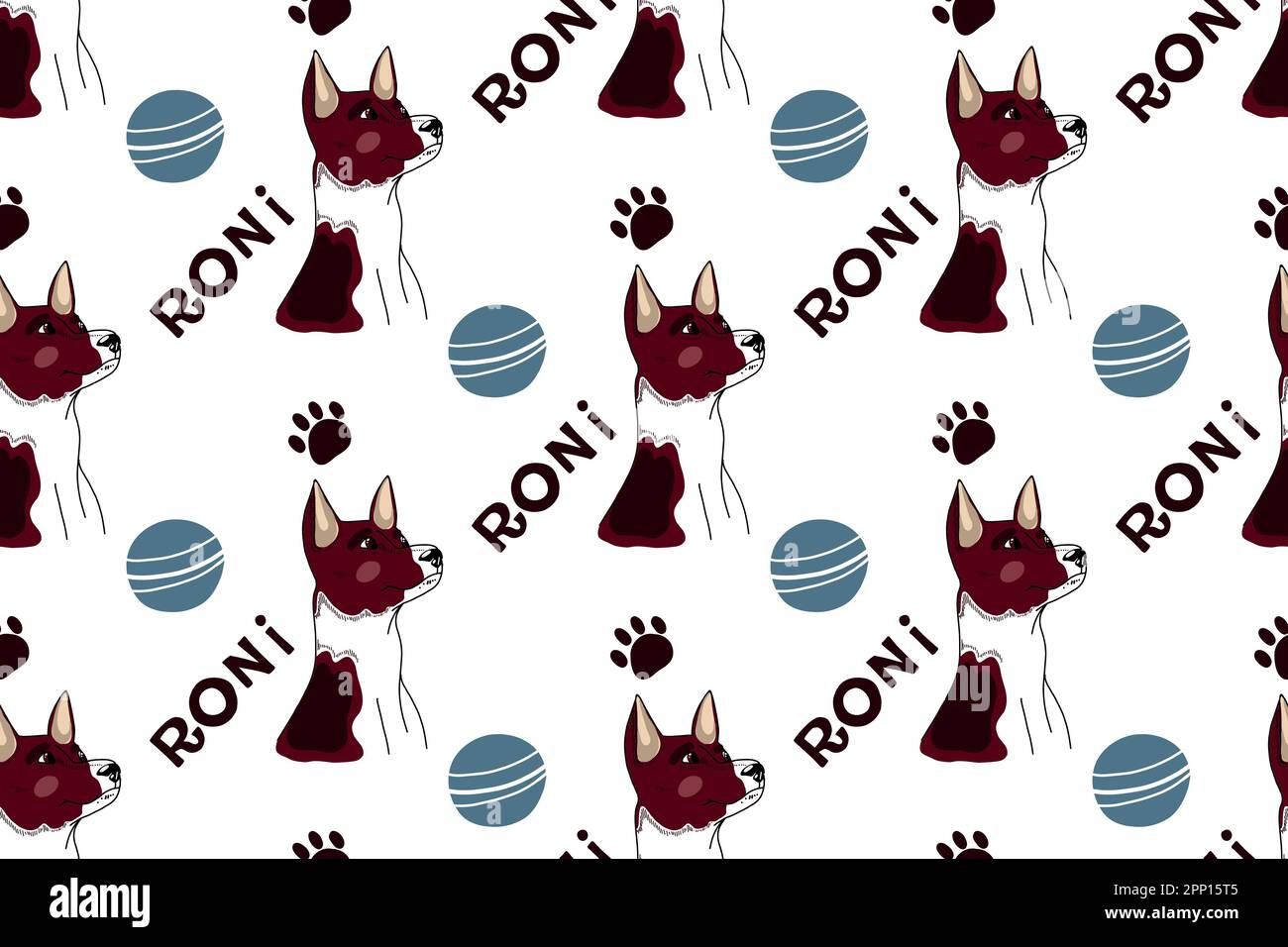 Nahtloses Muster zum Thema Haustiere. Basenji Roni, Spielzeug für Hunde, blaue Kugeln, die in einen Vektor auf einer Tablette gezeichnet wurden. Zum Drucken, Verpackungsdesign, für Postkarten Stock Vektor