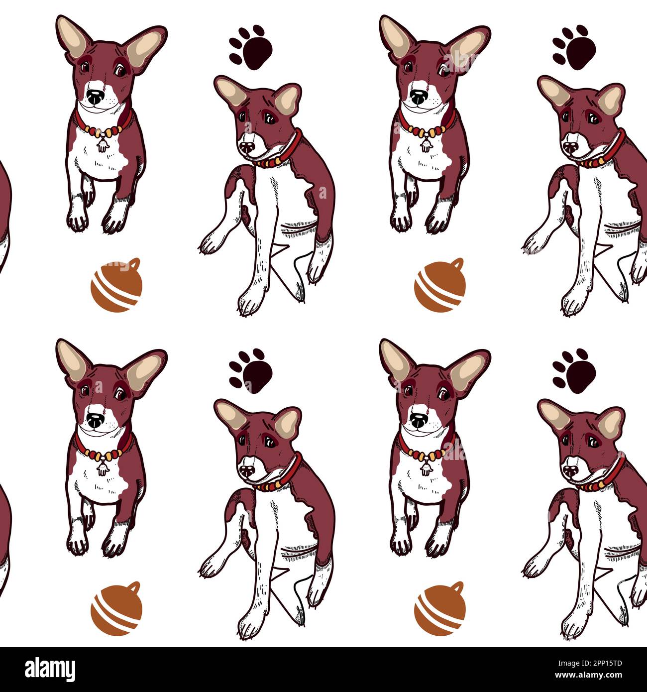 Nahtloses Muster zum Thema Haustiere. Brauner und weißer Basenji-Welpe, Hundespielzeug, braune Kugeln, niedliche Fußabdrücke auf einem Vektor auf einem Tablet. Zum Drucken Stock Vektor