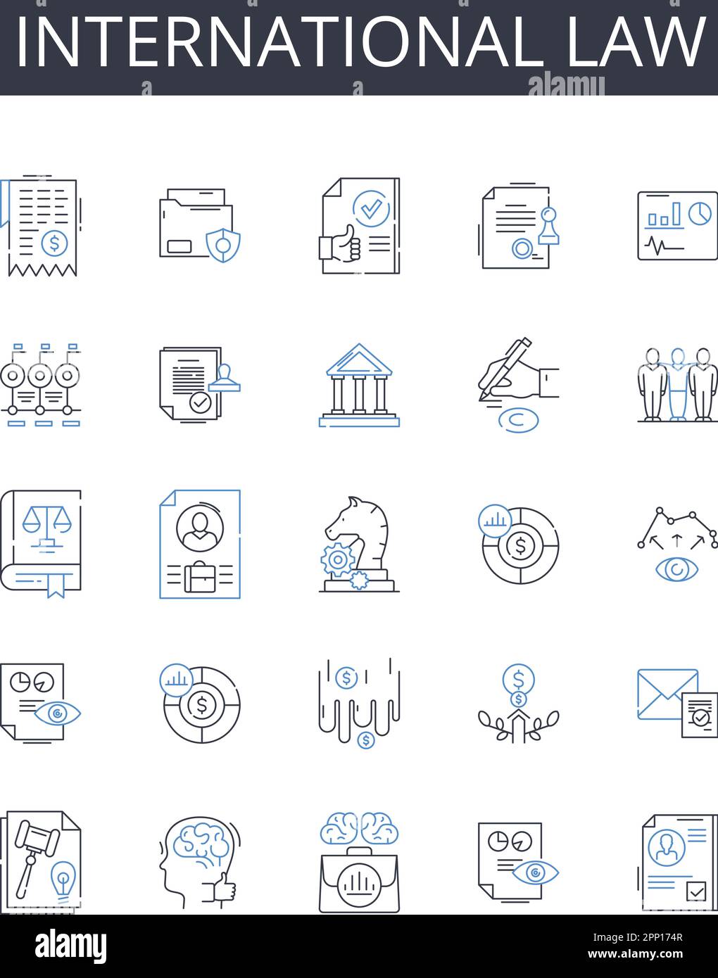 Icons-Sammlung für internationale Rechtslinien. Seerecht, Unternehmensfinanzierung, Umweltwissenschaft, Politikwissenschaft, geistiges Eigentum, Kriminell Stock Vektor