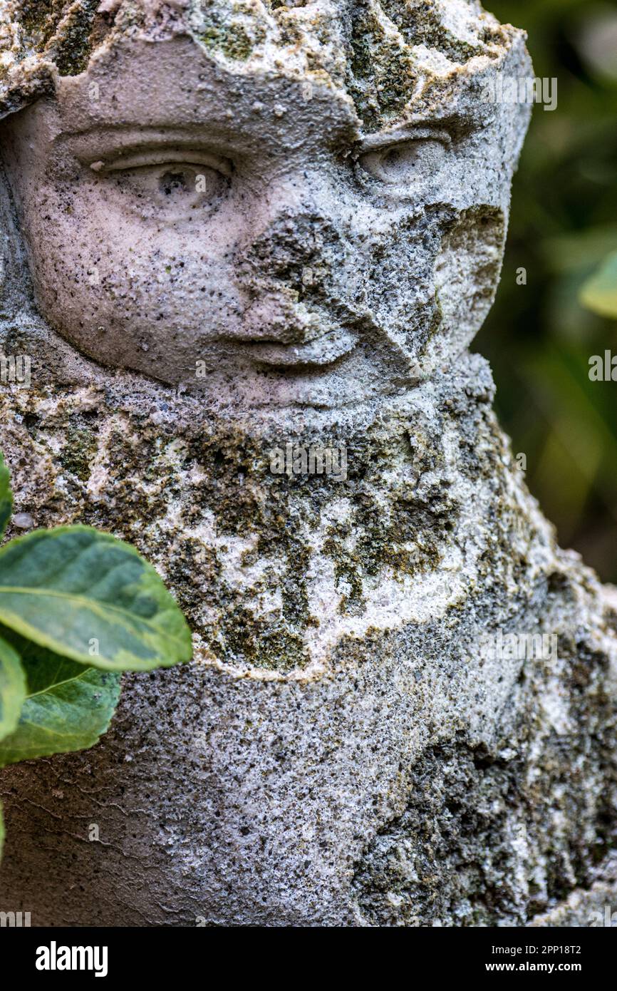 Beschädigtes Gesicht einer steinernen Ziergarten-Engel-Statue, New York City, NY, USA Stockfoto