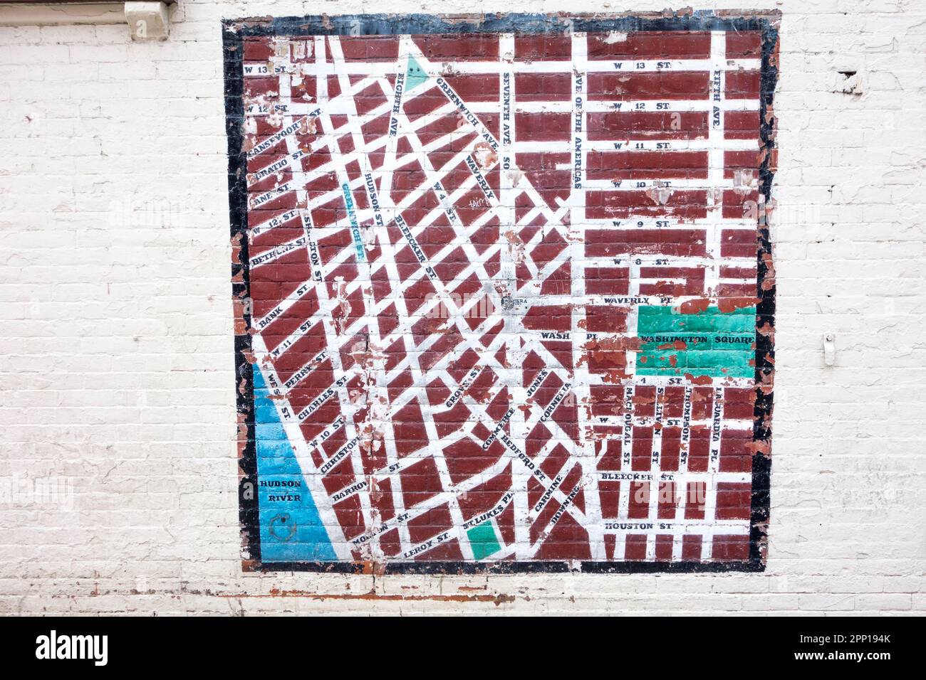 Karte von Greenwich Village an der Wand in der West 10. Street, New York City, NY, USA Stockfoto