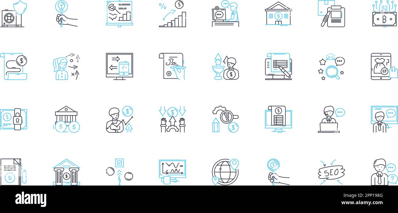 Lineare Symbole für Finanzanalysen festgelegt. Rentabilität, Liquidität, Solvabilität, Effizienz, Stabilität, Wachstum, Vektor der Risikolinie und Konzeptzeichen. Einnahmen Stock Vektor