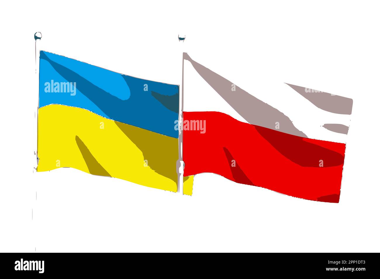 Die Flaggen Polens und der Ukraine fliegen zusammen als Symbol des Widerstands gegen die russische Aggression, als Vektorbild. Stock Vektor