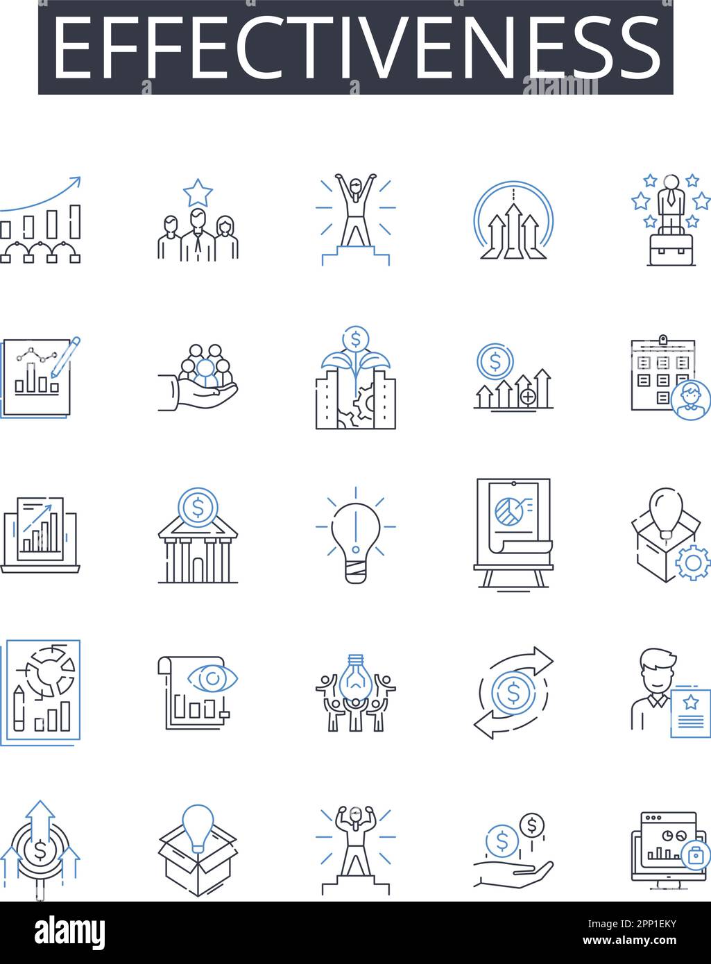 Symbolsammlung für Effectiveness Line. Effizienz, Produktivität, Leistungsfähigkeit, Leistungsfähigkeit, Leistung, Einflussvermögen, Eignungsvektor und linear Stock Vektor