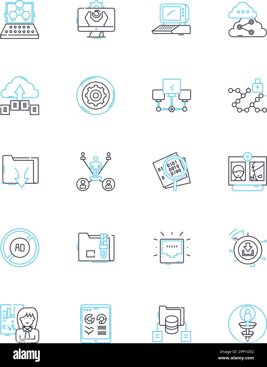 Lineare Symbole für die Internetverbindung festgelegt. Wireless, Ethernet, Breitband, Modem, Router, Firewall, Signalleitungsvektor und Konzeptschilder. Kabel, Satellit Stock Vektor