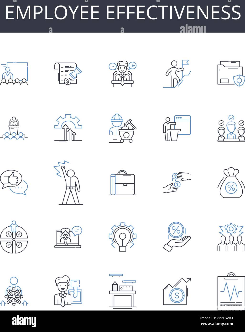 Symbolzusammenstellung für Mitarbeitereffektivität. Teamproduktivität, effizientes Management, Mitarbeiterkapazität, Ressourcenauslastung, Betriebseffizienz Stock Vektor