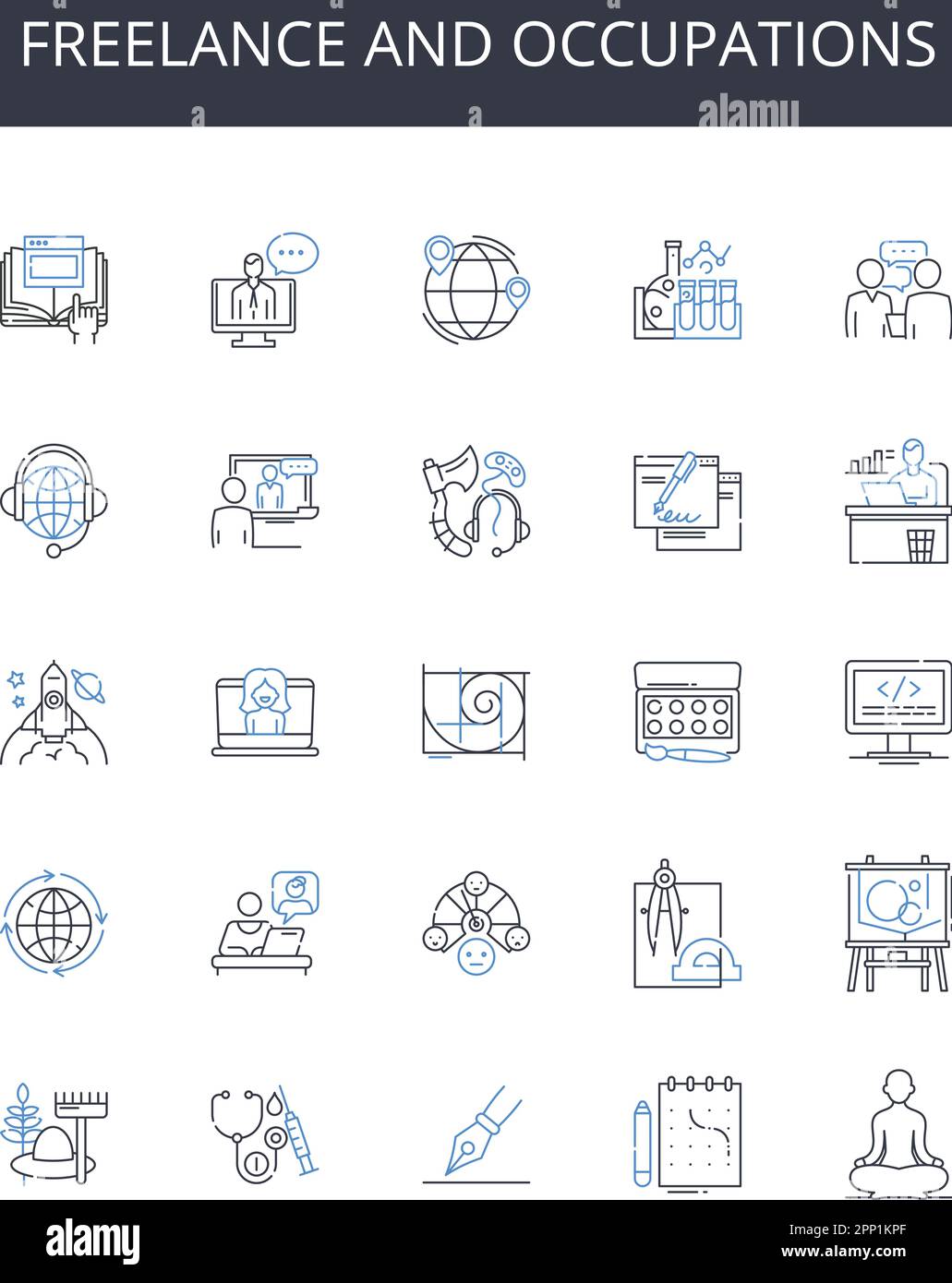 Kollektion mit Liniensymbolen für Freiberufler und Berufe. Selbstständig, Berater, Auftragnehmer, Unternehmer, unabhängig, Solopreneur, Gig Worker Vector und Stock Vektor