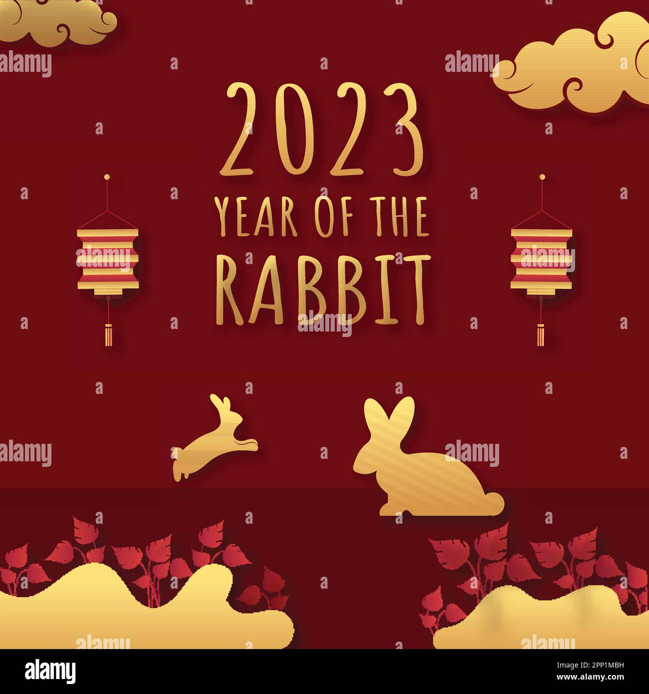 Golden 2023 Year Of The Rabbit Font Mit Silhouette Bunnies, Laternen Hängen, Blättern Und Wolken Dekoriert Auf Dunkelrotem Hintergrund. Stock Vektor