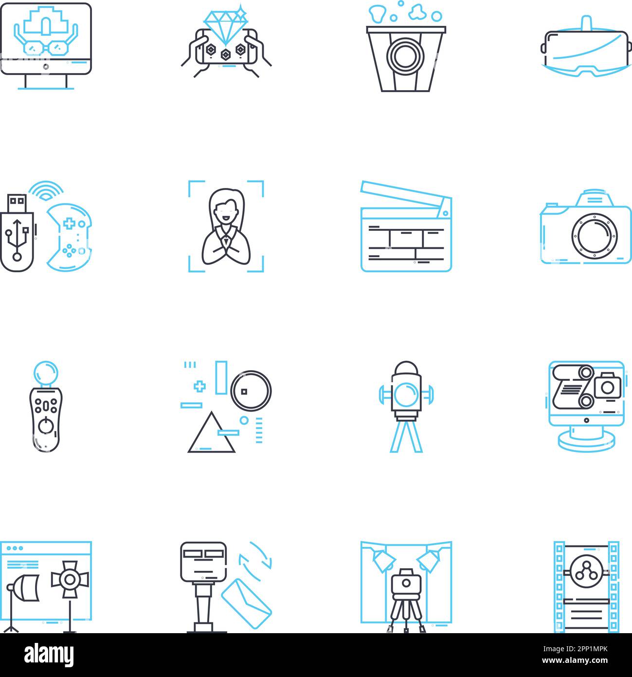 Lineare Symbole im Filmstudio eingestellt. Produktion, Cast, Script, Director, Budget, Kamera, Postproduction Line Vector und Concept Signs. Soundtrack Stock Vektor