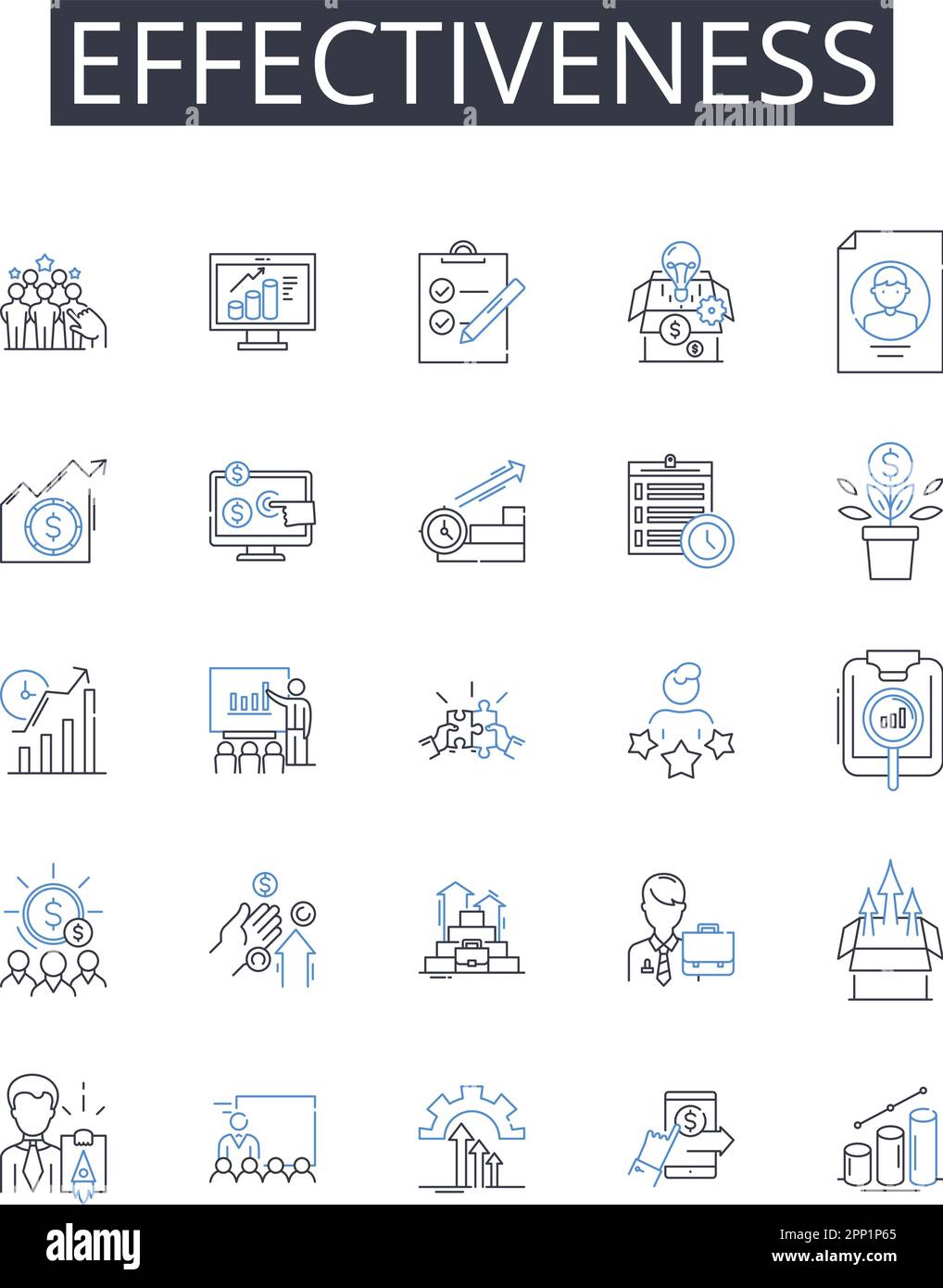 Symbolsammlung für Effectiveness Line. Effizienz, Produktivität, Leistungsfähigkeit, Leistungsfähigkeit, Leistung, Einflussvermögen, Eignungsvektor und linear Stock Vektor