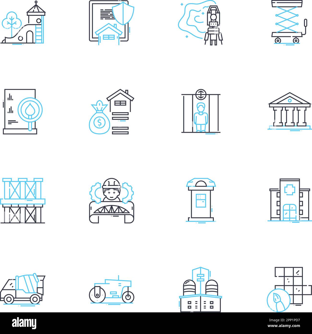 Lineare Symbole für Stadtplanung. Infrastruktur, Architektur, Zoning, Transport, Nachhaltigkeit, Dichte, Fußgängerschutzlinienvektor und Stock Vektor