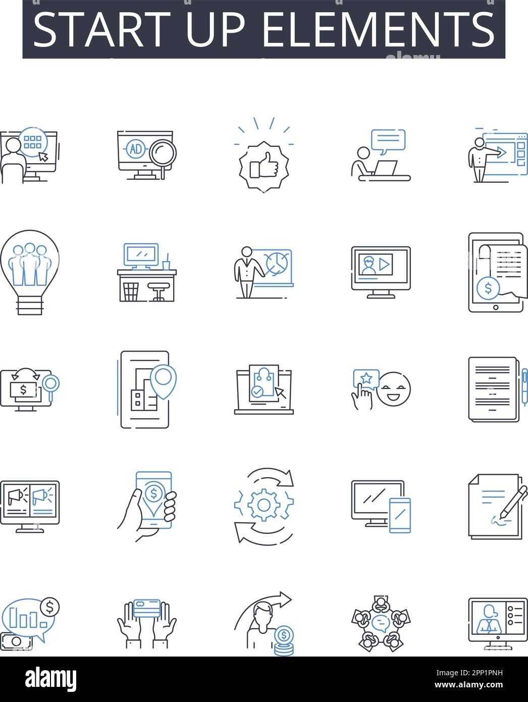 Starten Sie die Sammlung der Liniensymbole für Elemente. Unternehmensstart, Anfangsphase, Betriebsbeginn, Anfangsphase, Primärphase, Starterkit, Öffnen Stock Vektor