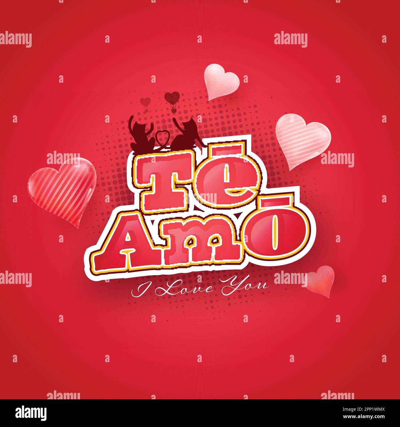 Sticker Style I Love You (TE AMO) Text in lateinischer Sprache mit Silhouette Cat Ehepaar und Herzballons auf rotem Halftone-Effekt-Hintergrund. Stock Vektor