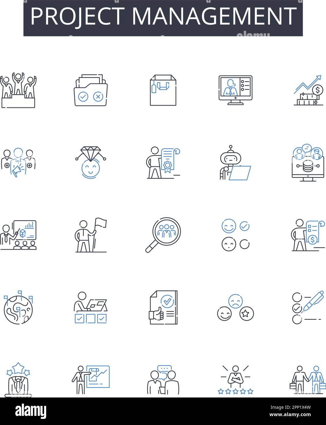 Symbolsammlung für Projektmanagement-Linien. Zeitmanagement, Ressourcenzuweisung, Teamführung, Budgetkontrolle, Risikobewertung, Koordination von Veranstaltungen Stock Vektor