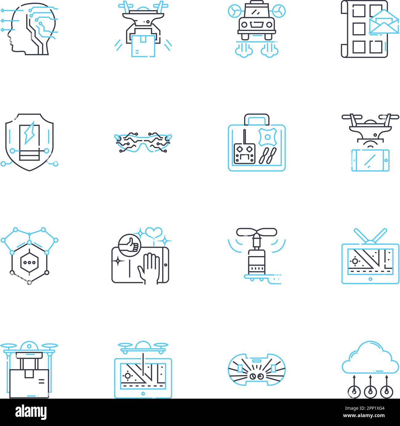 Elektronische lineare Schlittensymbole eingestellt. Mobilität, Effizienz, Mobilität, Sicherheit, Komfort, Innovation, Technologielinienvektor und Konzeptzeichen Stock Vektor