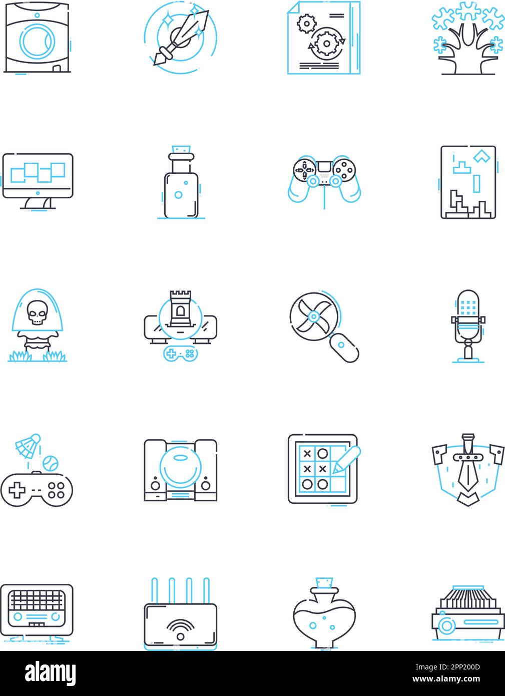 Konsolenmarkt – Satz linearer Symbole. Playstation, Xbox, Nintendo, Gaming, Hardware, Software, Linienvektor und Konzeptschilder für Unterhaltung. Fesselnd Stock Vektor