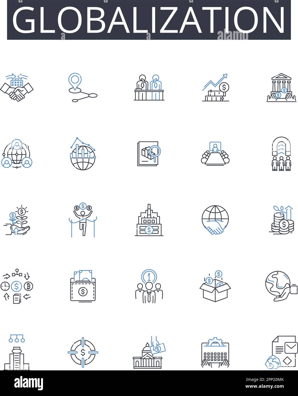 Symbolsammlung für Globalisierungslinien. Urbanisierung, Digitalisierung, Modernisierung, Kommerzialisierung, Industrialisierung, Internationalisierung Stock Vektor