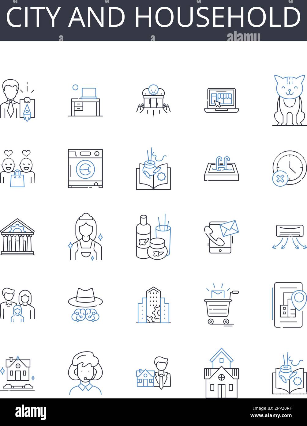 Symbolsammlung für Stadt und Haushalt. Stadtverwaltung, Metropolis, Stadtmitte, Megalopolis, Stadtverwaltung, Hauptstadt, Stadtvektor und lineare Darstellung Stock Vektor